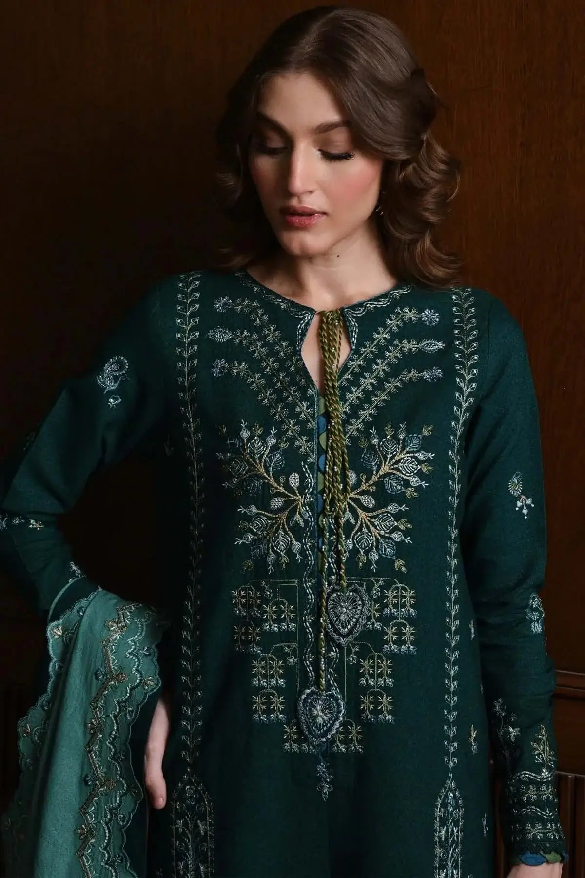 BT-3010 Unstitched Heavy Embroidered Dhanak Suit With Four-sided Embroidered Dhanak Shawl