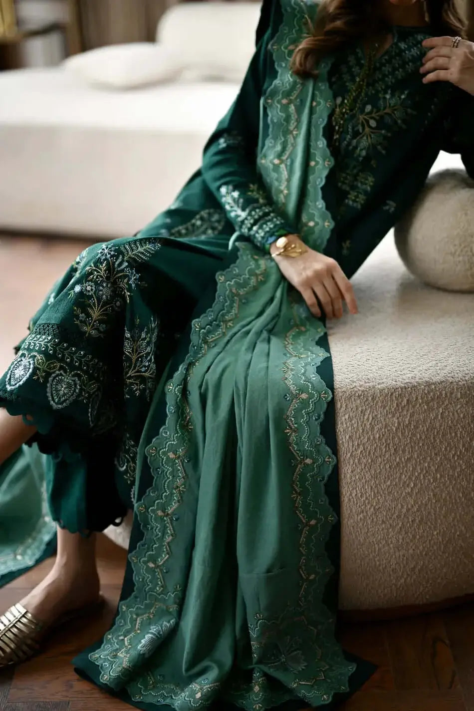 BT-3010 Unstitched Heavy Embroidered Dhanak Suit With Four-sided Embroidered Dhanak Shawl