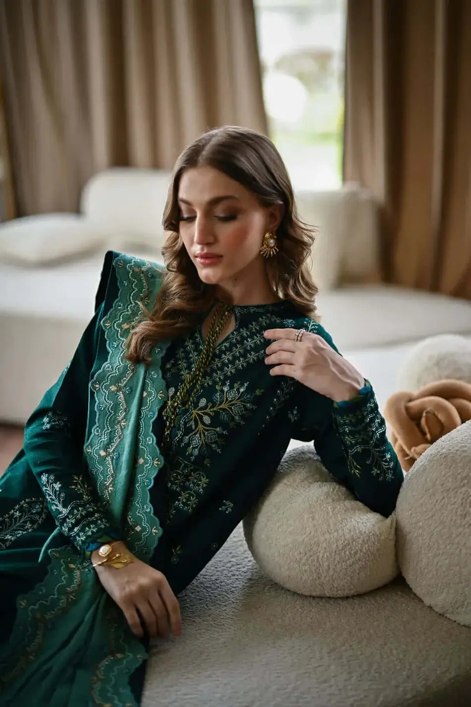 BT-3010 Unstitched Heavy Embroidered Dhanak Suit With Four-sided Embroidered Dhanak Shawl