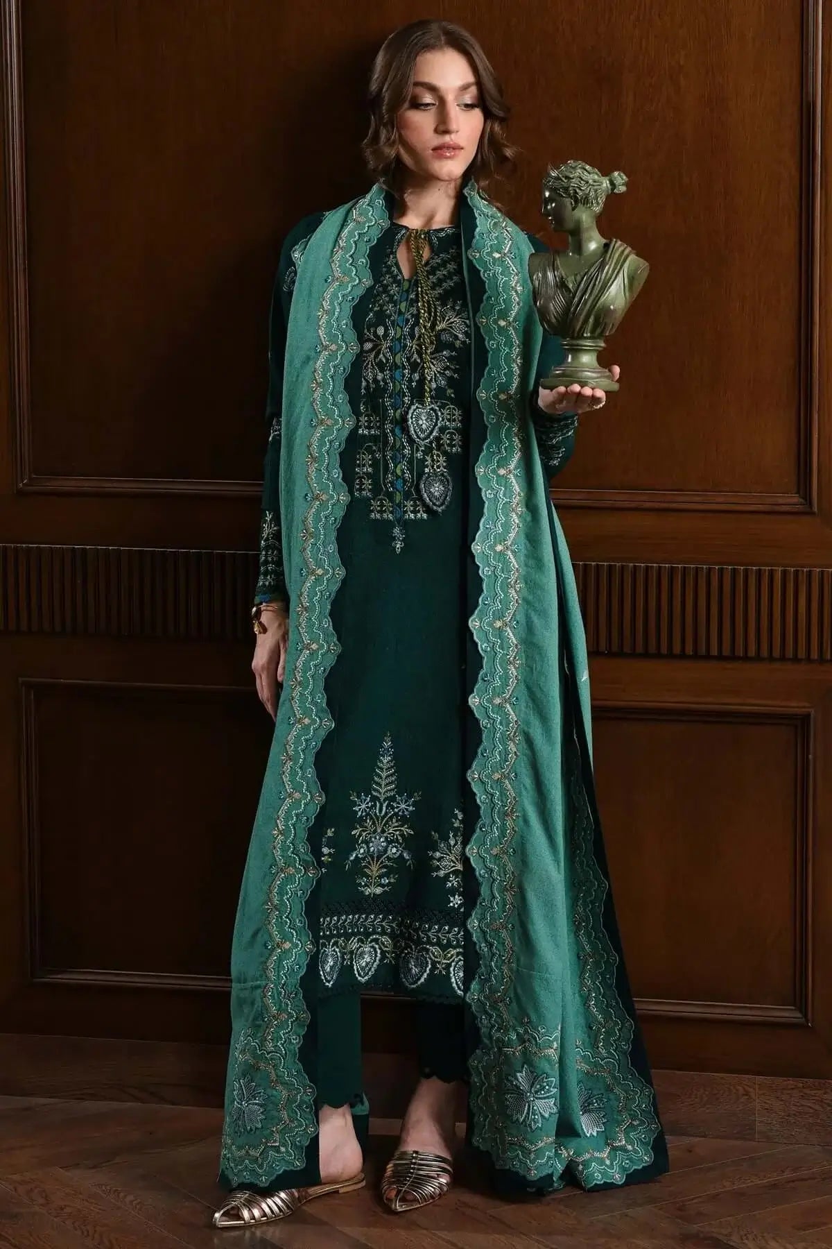 BT-3010 Unstitched Heavy Embroidered Dhanak Suit With Four-sided Embroidered Dhanak Shawl