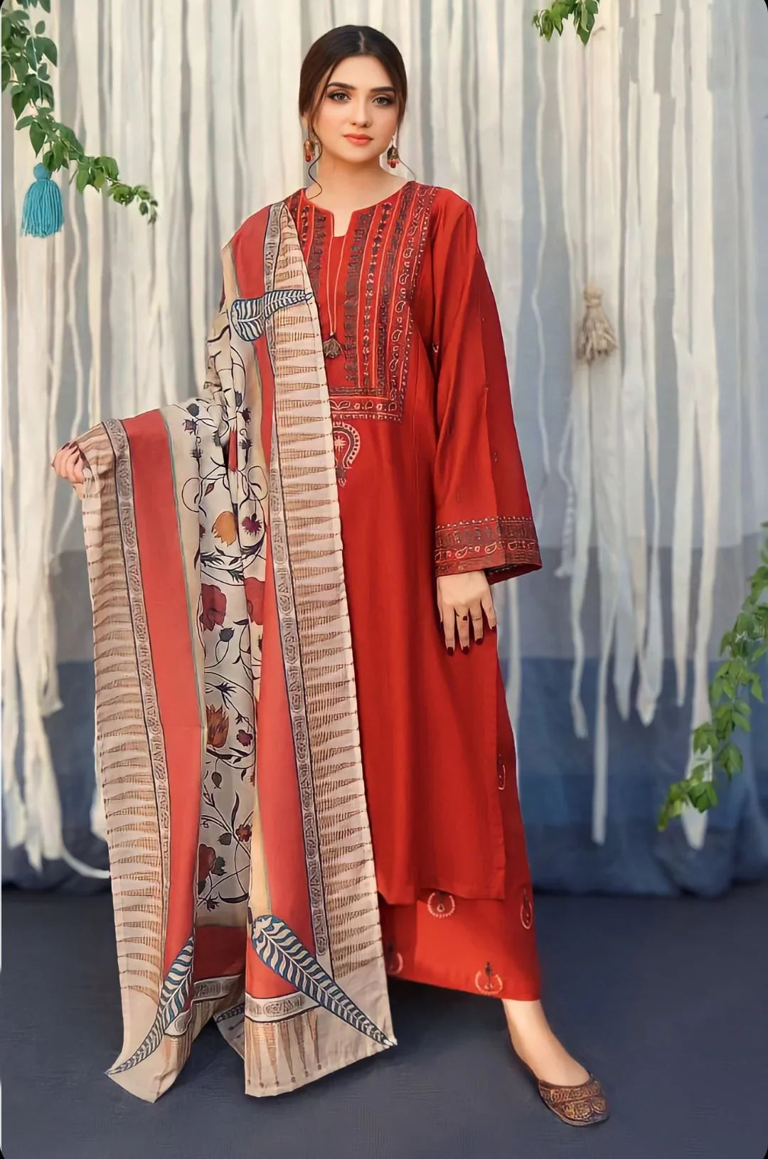 BR-845 Dhanak Embroidered Suit With Digital Printed Wool Shawl