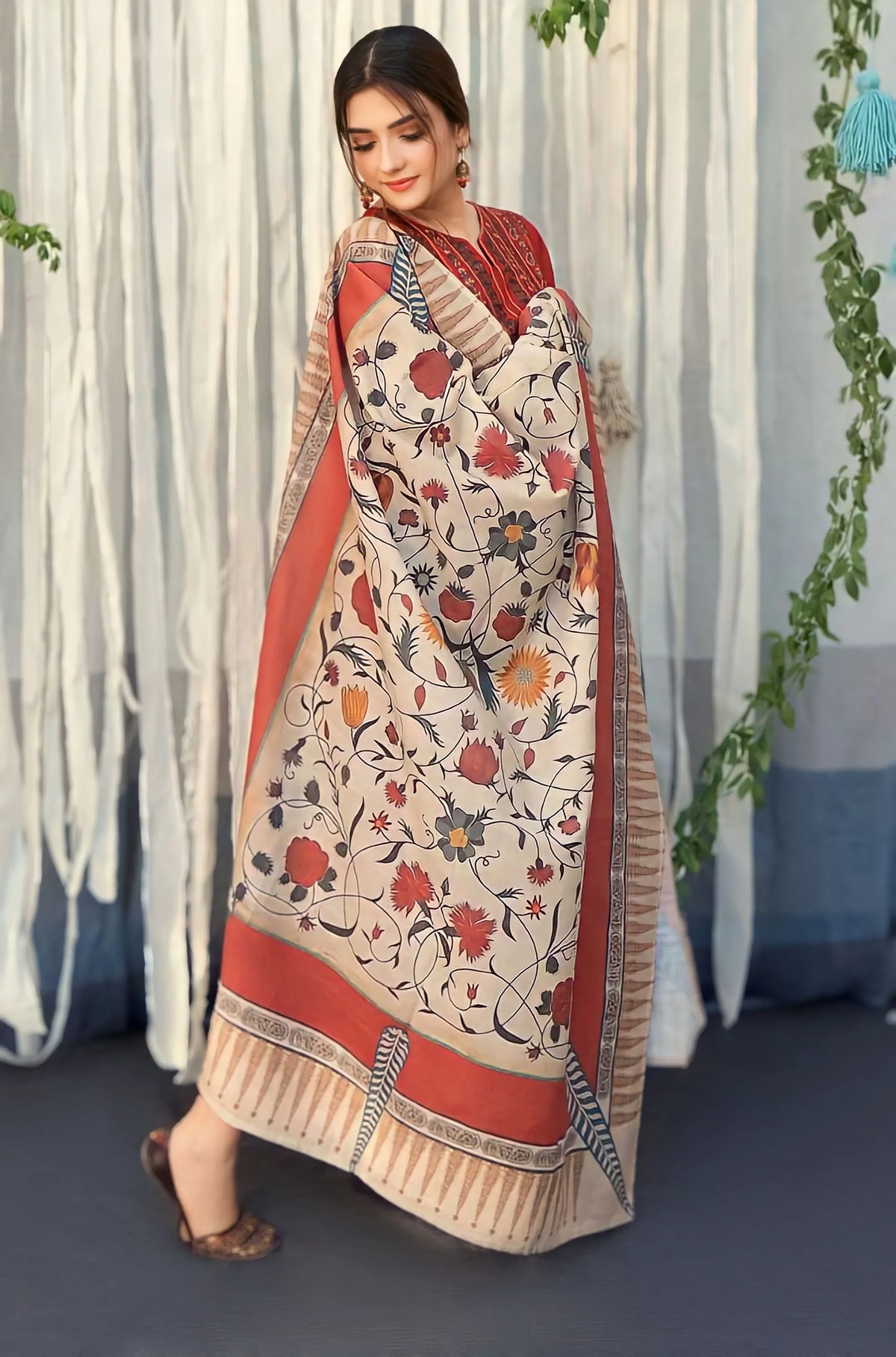 BR-845 Dhanak Embroidered Suit With Digital Printed Wool Shawl