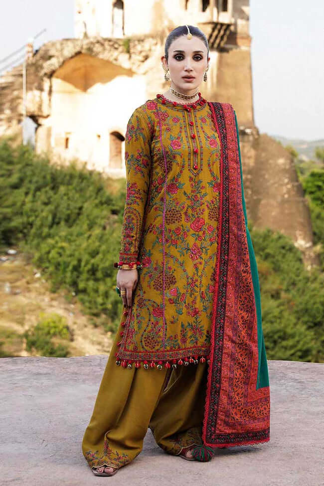 BR--675 Dhanak Embroidered Suit With Digital Printed Wool Shawl