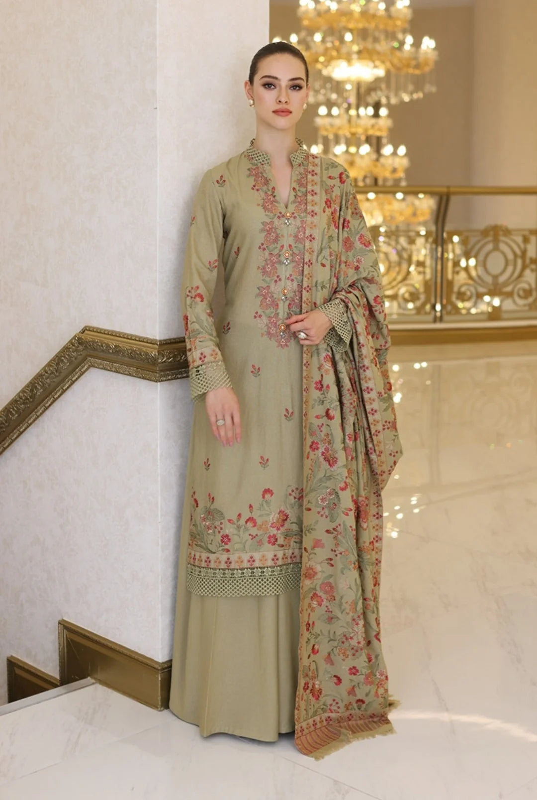 BR-955 Unstitched Embroidered Dhanak Wool Suit With Embroidered Dhanak Shawl