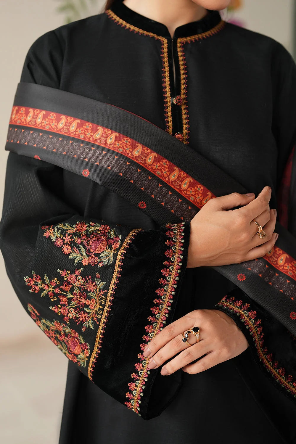 BQ-145 Unstitched Fully Embroidered Dhanak Suit With Printed Shawl