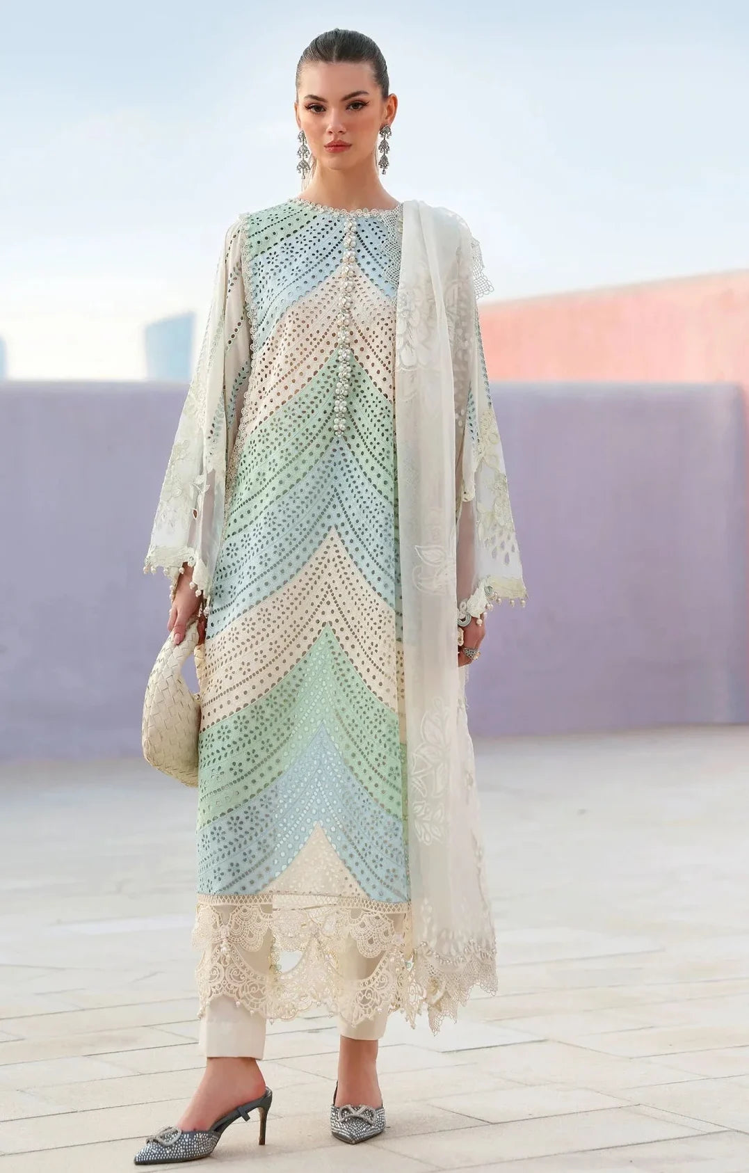 MB-2805B Lawn Unstitched Chicken Kari Embroidered Suit With Printed Organza Dupatta