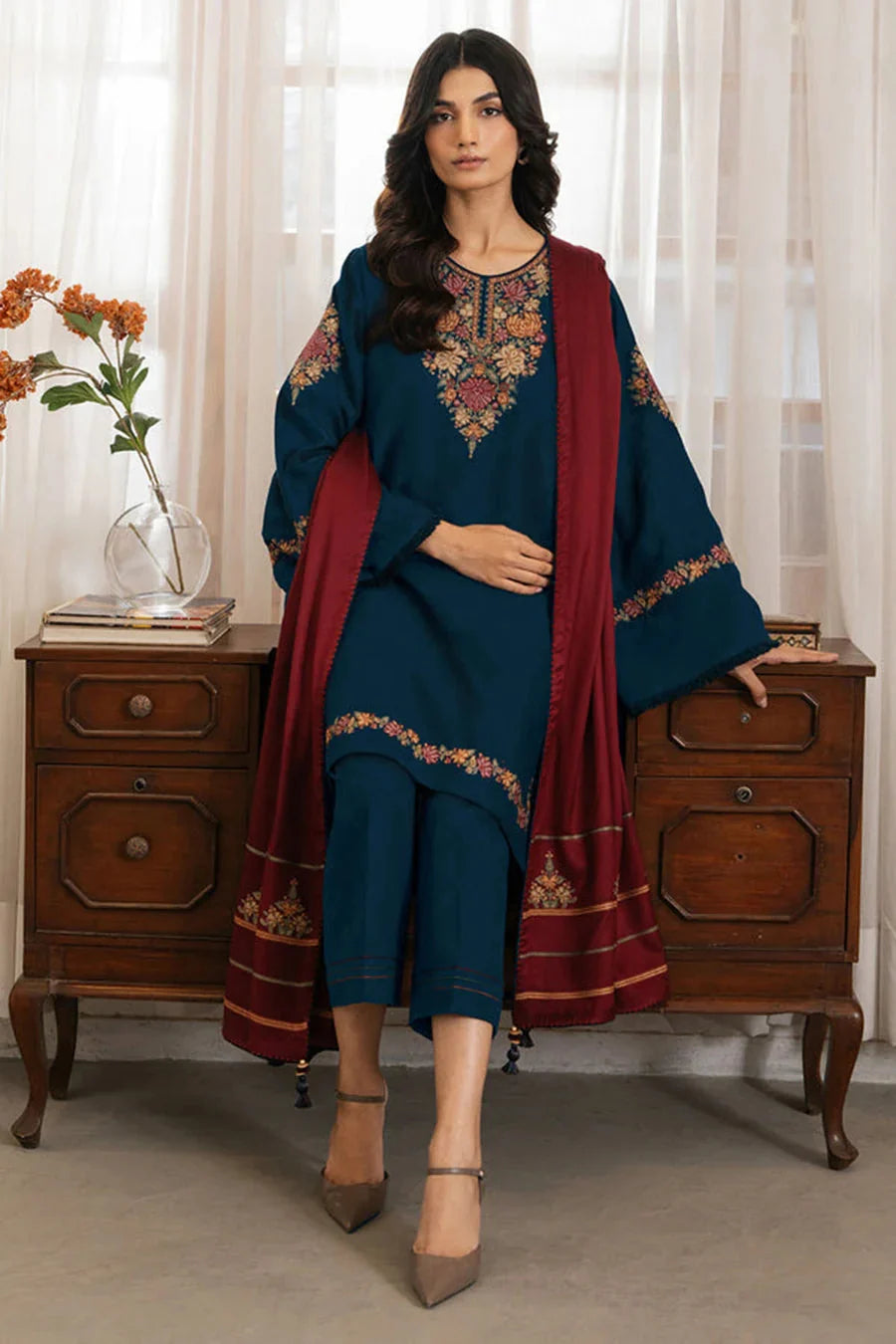 JZ-3030 Unstitched Embroidered Dhanak Suit With Embroidered Dhanak Shawl