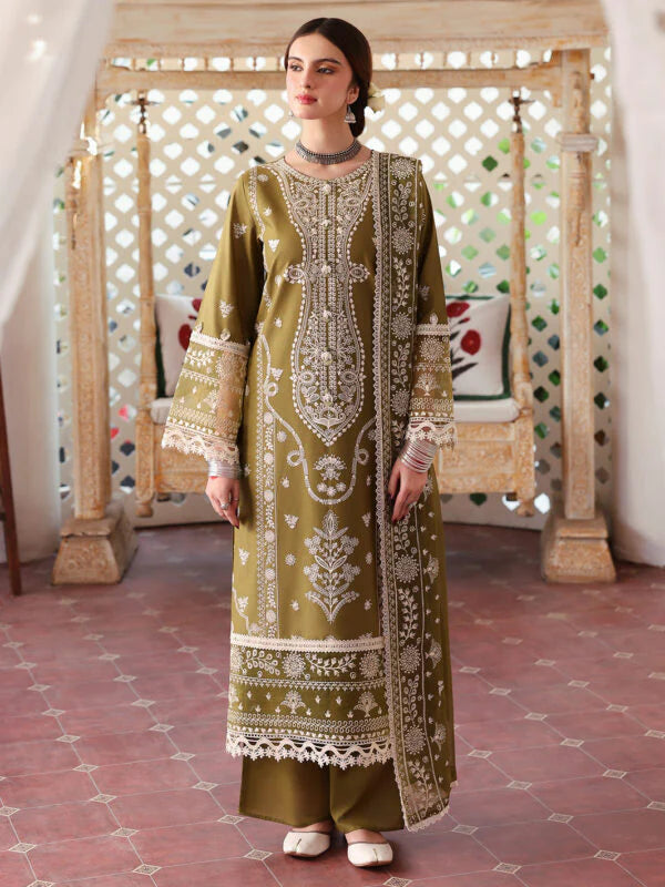 MR-590 Unstitched Heavy Embroidered Lawn Suit With Embroidered Chiffon Dupatta