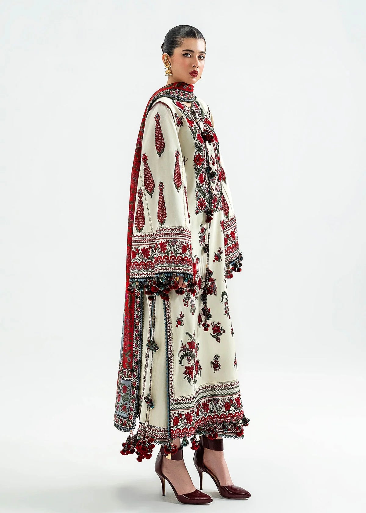 HR-3145 Dhanak Unstitched Fully Embroidered Suit With Printed Blended Shawl