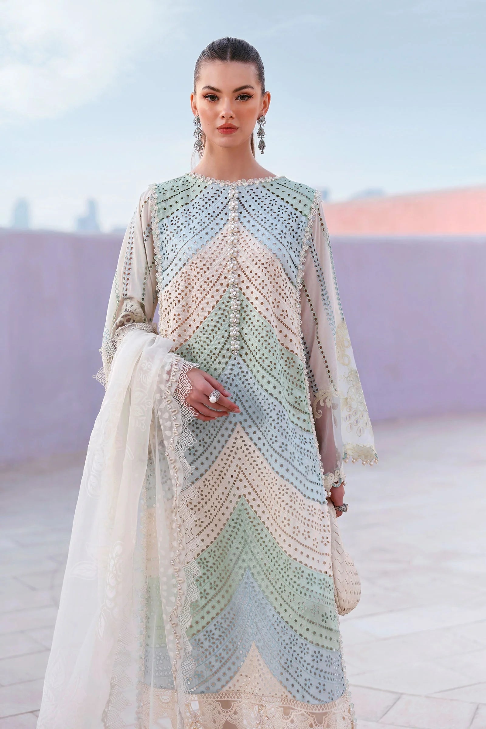 MB-2805B Lawn Unstitched Chicken Kari Embroidered Suit With Printed Organza Dupatta