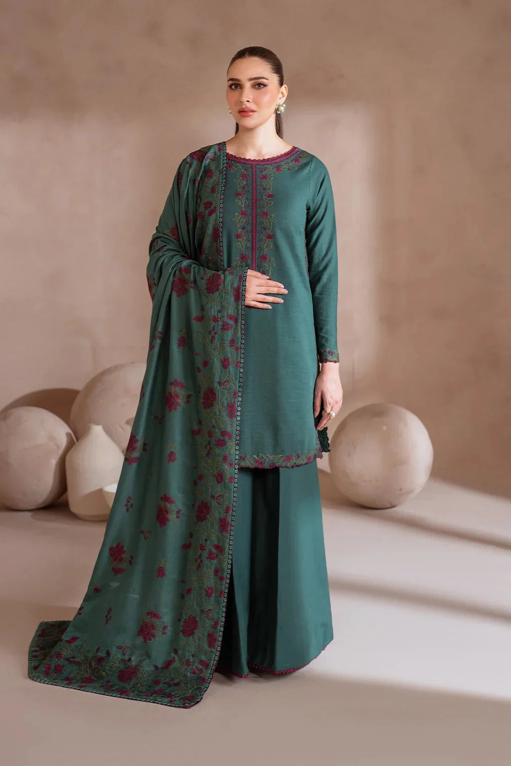 IZ-2925 Unstitched Embroidered Dhanak Suit With Dhanak Embroidered Shawl