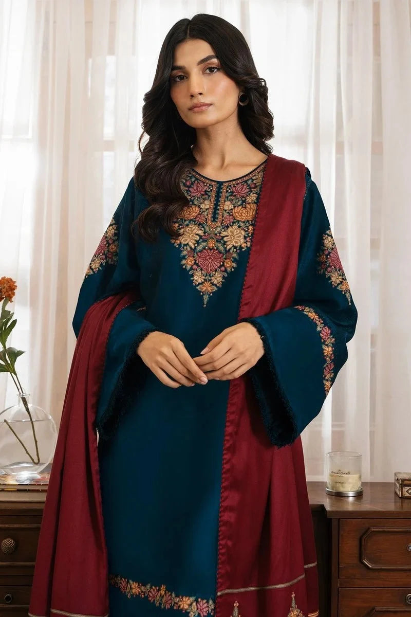 JZ-3030 Unstitched Embroidered Dhanak Suit With Embroidered Dhanak Shawl