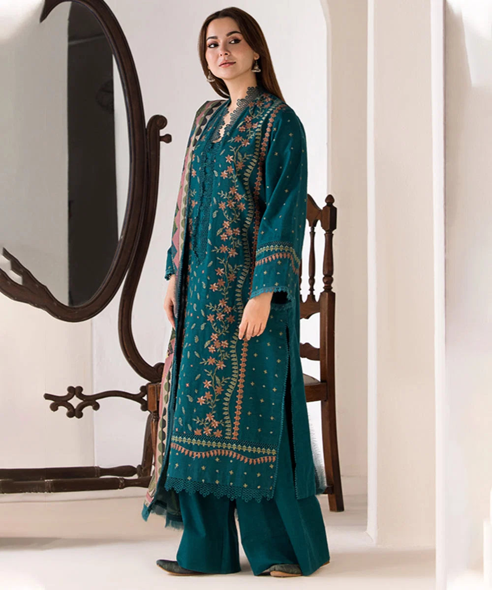 SN-61 Dhanak Embroidered Suit With Digital Printed Wool Shawl