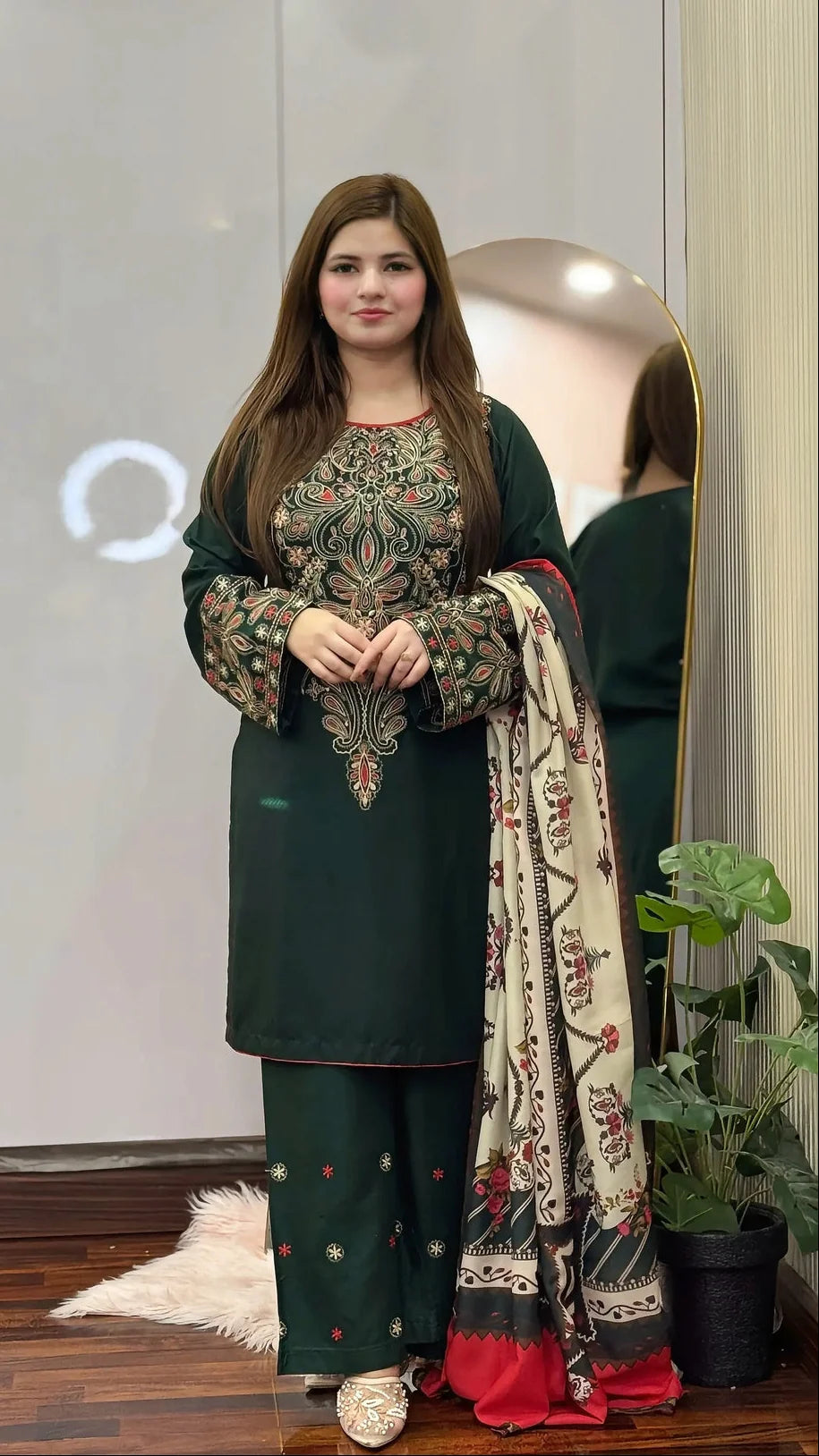 BQ-3075 Unstitched Fully Embroidered Dhanak Suit With Digital Printed Wool Shawl