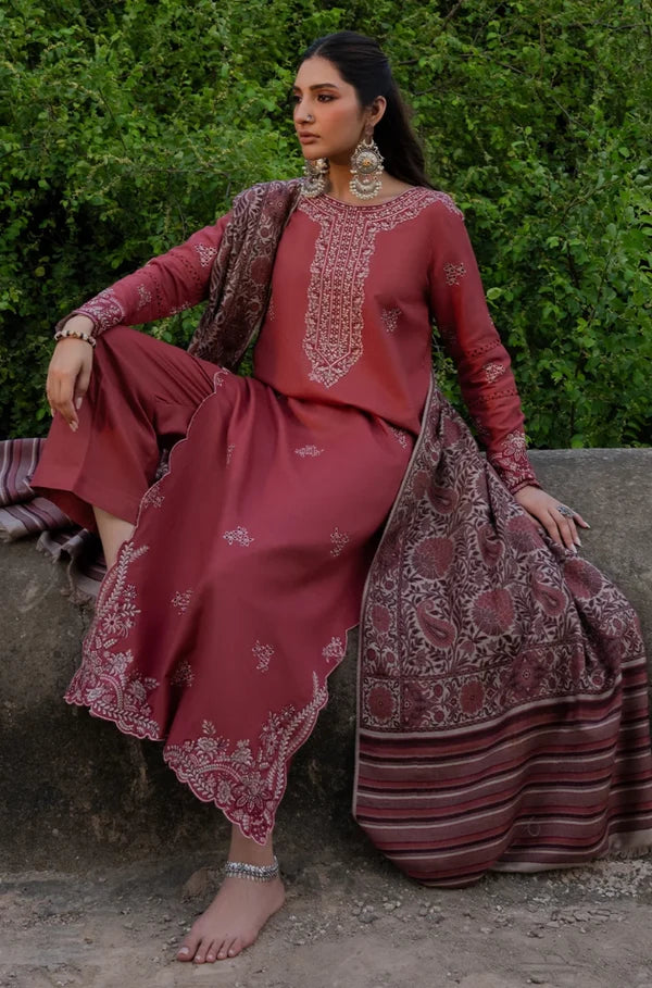 IZ-3070 Dhanak Unstitched Fully Embroidered Suit with Printed Blended Shawl