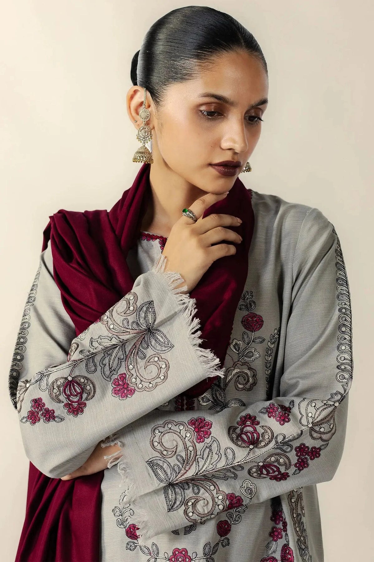Unstitched Fully Embroidered Dhanak Suit With Embroidered Dhanak Shawl