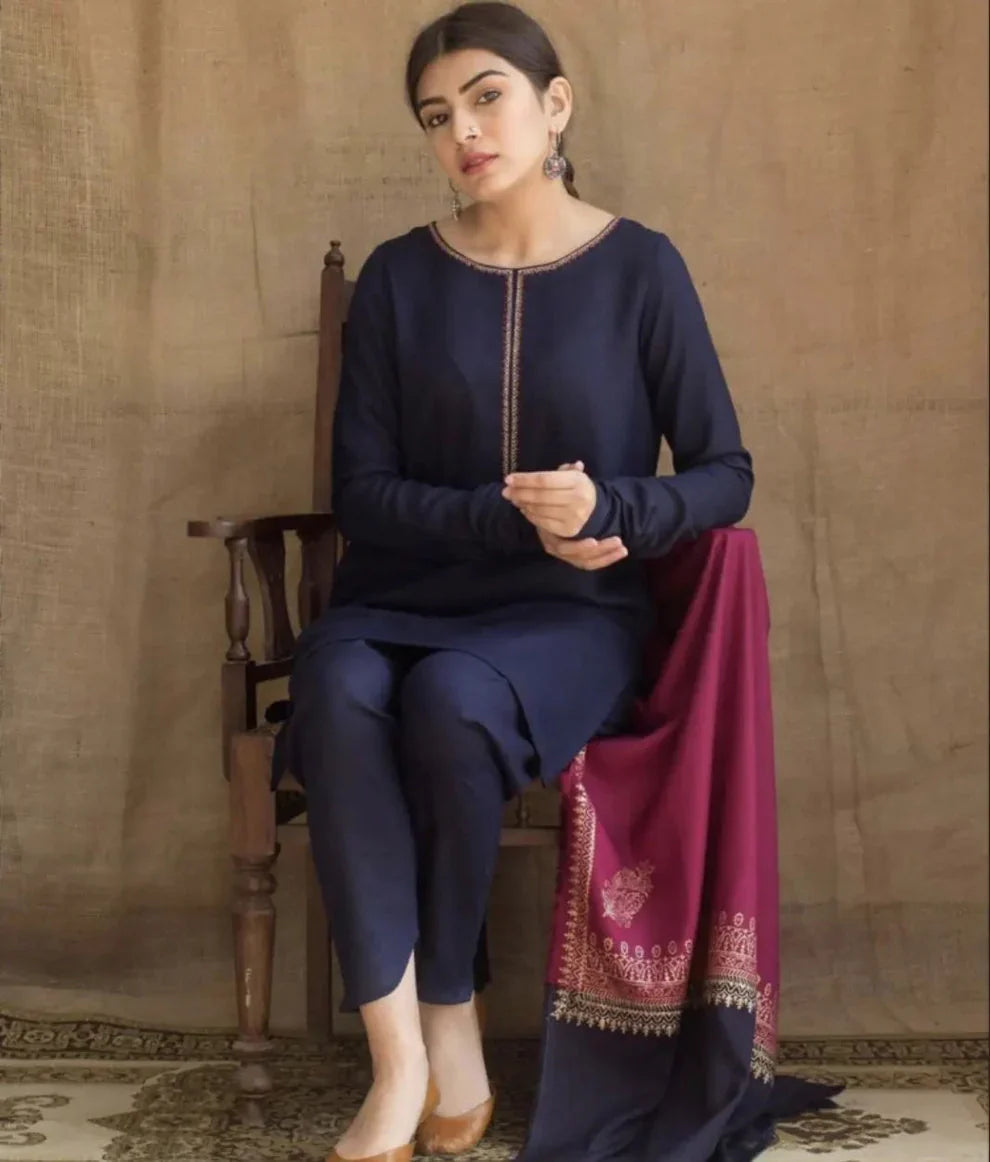 AG-1115 Unstitched Dhanak Marina Suit With Wool Shawl