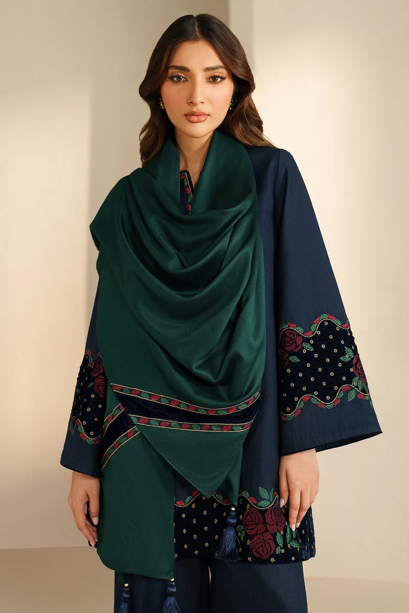 SP-155 Unstitched Fully Embroidered Dhanak Suit With Dhanak Shawl with Velvet Patch