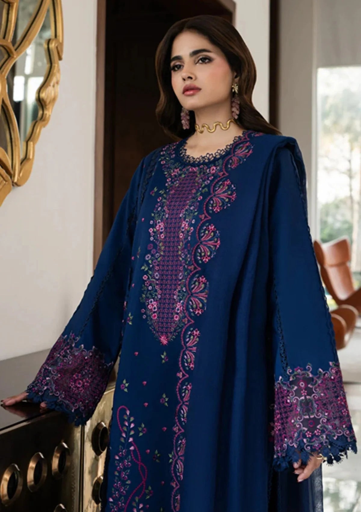 RR-2930 Unstitched Embroidered Dhanak Suit With Embroidered Dhanak Shawl