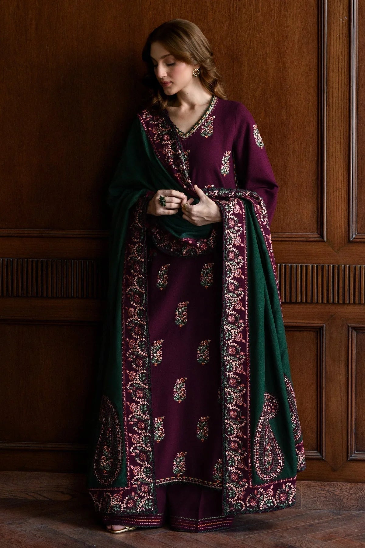 BT-2900 Unstitched Embroidered Dhanak Suit With Embroidered Dhanak Shawl