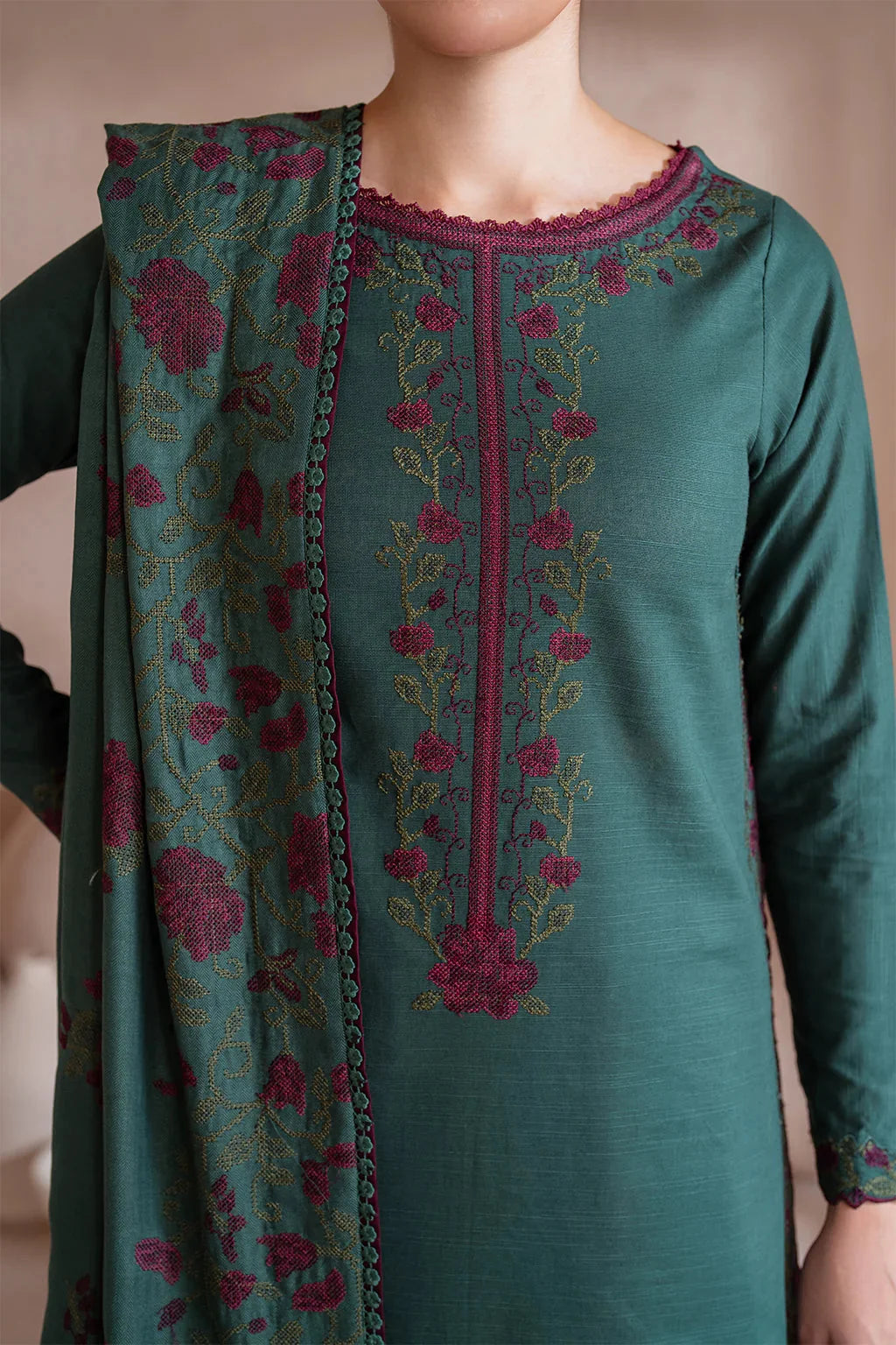 IZ-2925 Unstitched Embroidered Dhanak Suit With Dhanak Embroidered Shawl