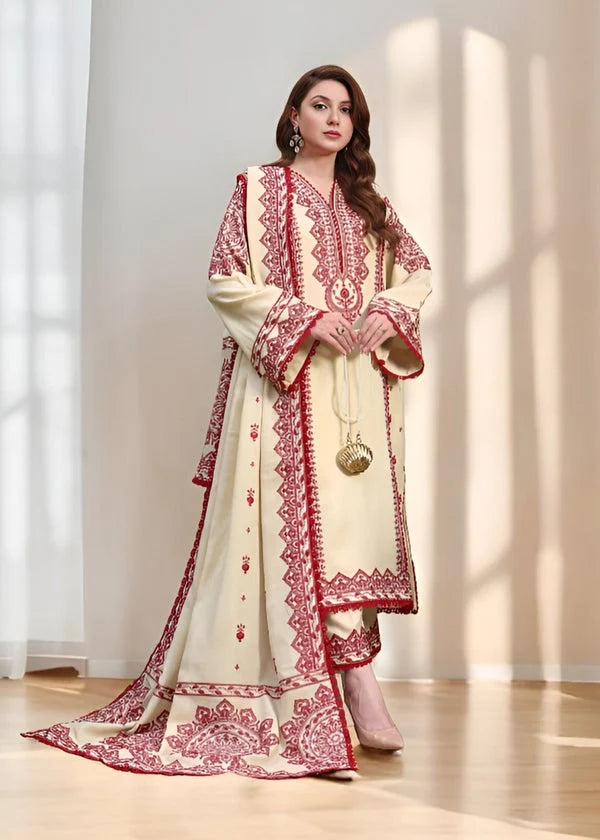Unstitched Fully Embroidered Dhanak Suit With Embroidered Dhanak Shawl