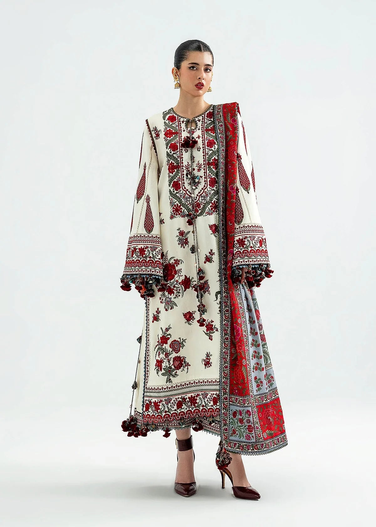 HR-3145 Dhanak Unstitched Fully Embroidered Suit With Printed Blended Shawl