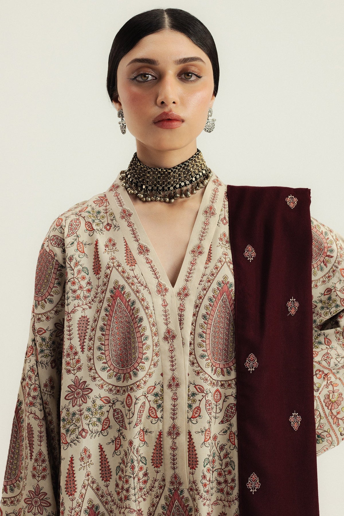 Unstitched Embroidered Dhanak Suit with Printed Blended Shawl