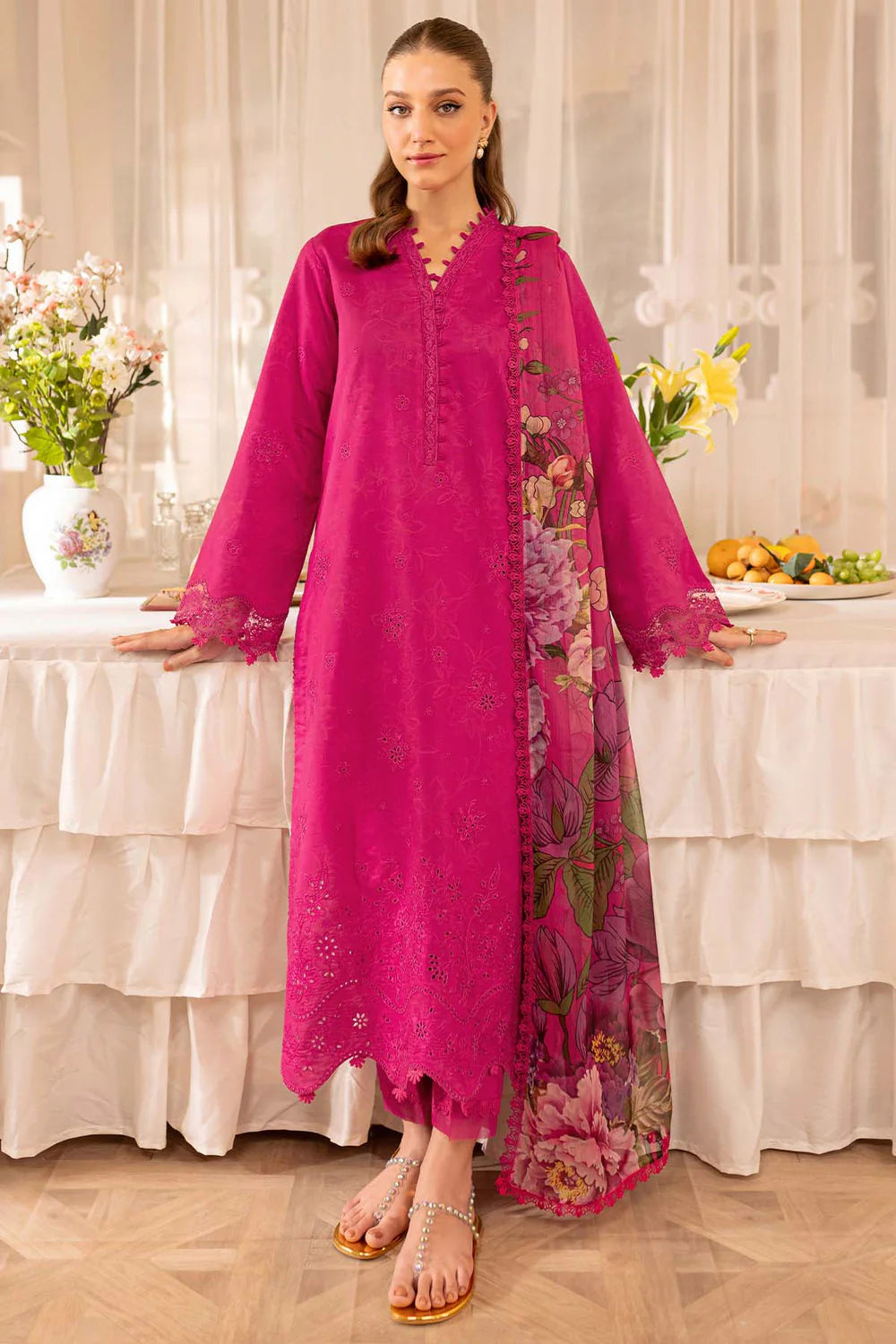 FR-2725 3 Piece-Unstitched Embroidered Lawn Fabric Printed Monar Dupatta