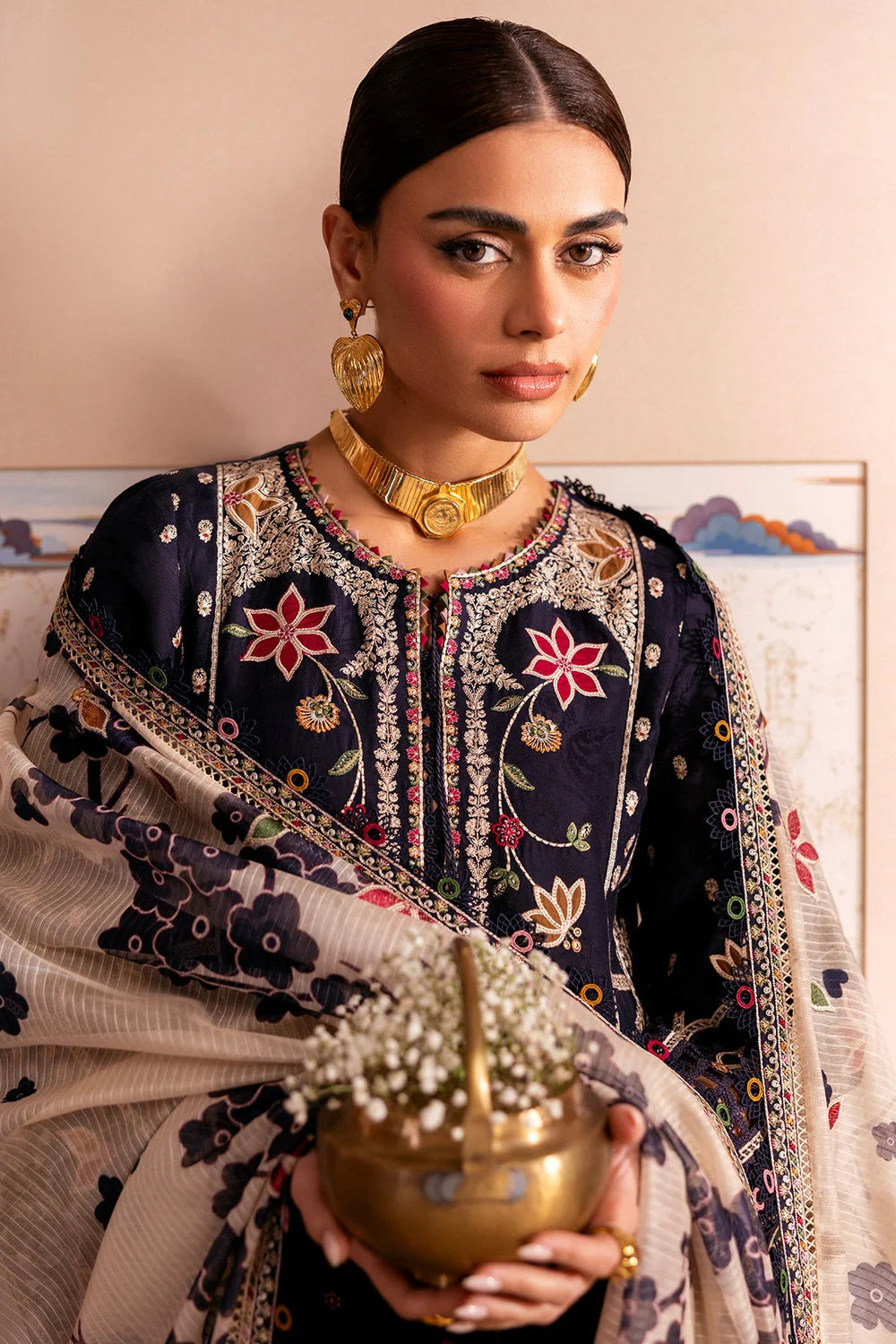 JZ-3140 Dhanak Unstitched Fully Embroidered Suit With Printed Blended Shawl