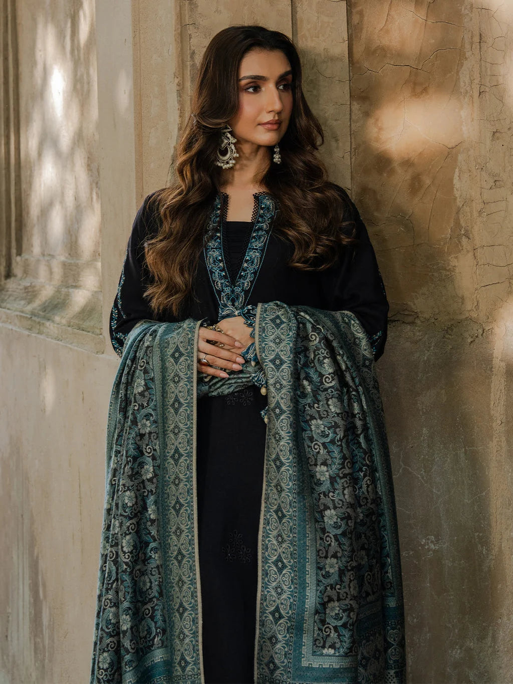 IZ-160 Unstitched Fully Embroidered Dhanak Suit With Printed Shawl