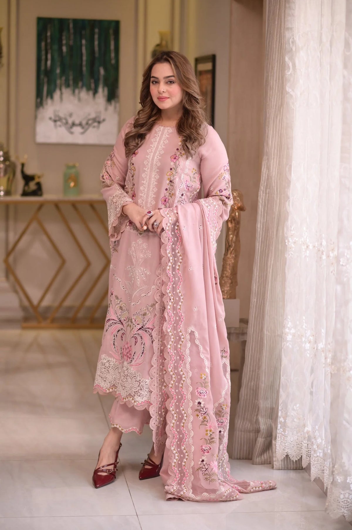Aneela's Luxury Unstitched Dhanak Suit With Embroidered Dhanak Shawl(Ready To Wear)