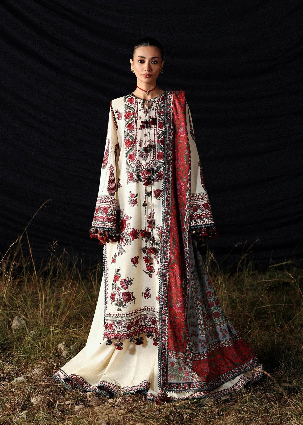 HR-3145 Dhanak Unstitched Fully Embroidered Suit With Printed Blended Shawl