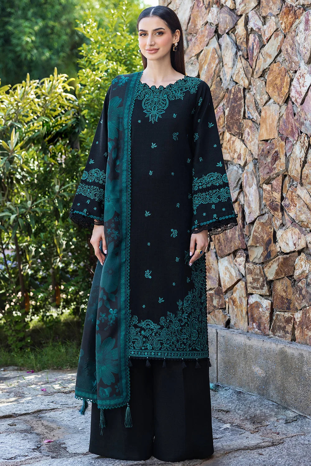 BQ-150 Unstitched Fully Embroidered Dhanak Suit With Printed Shawl