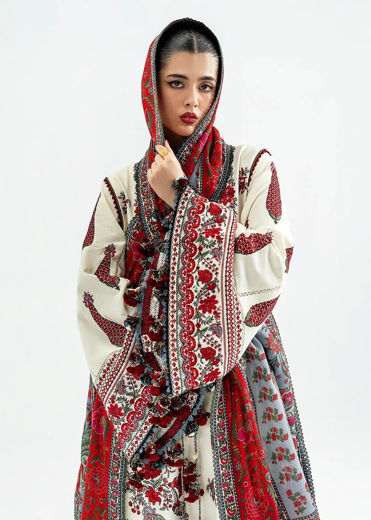 HR-3145 Dhanak Unstitched Fully Embroidered Suit With Printed Blended Shawl