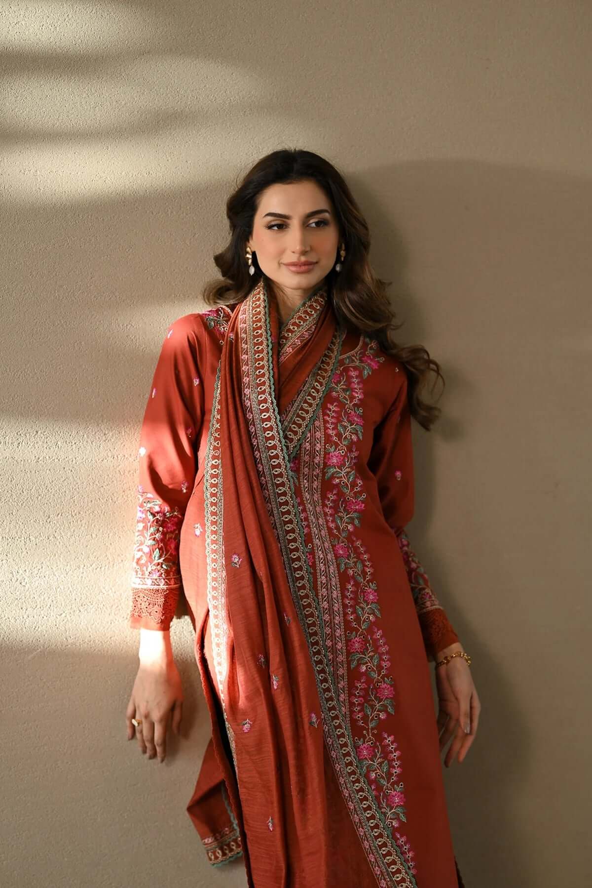 CO-3000 Unstitched Embroidered Dhanak Suit With Four-sided Embroidered Dhanak Shawl