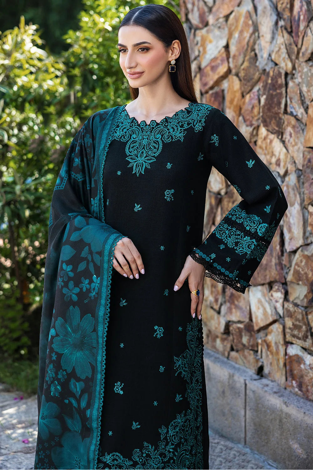BQ-150 Unstitched Fully Embroidered Dhanak Suit With Printed Shawl