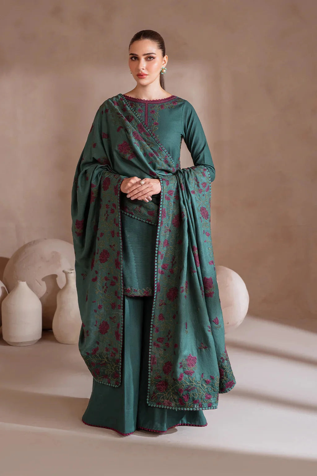 IZ-2925 Unstitched Embroidered Dhanak Suit With Dhanak Embroidered Shawl