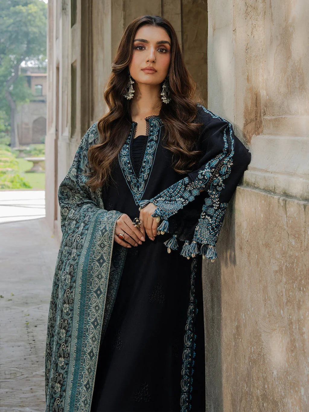 IZ-160 Unstitched Fully Embroidered Dhanak Suit With Printed Shawl
