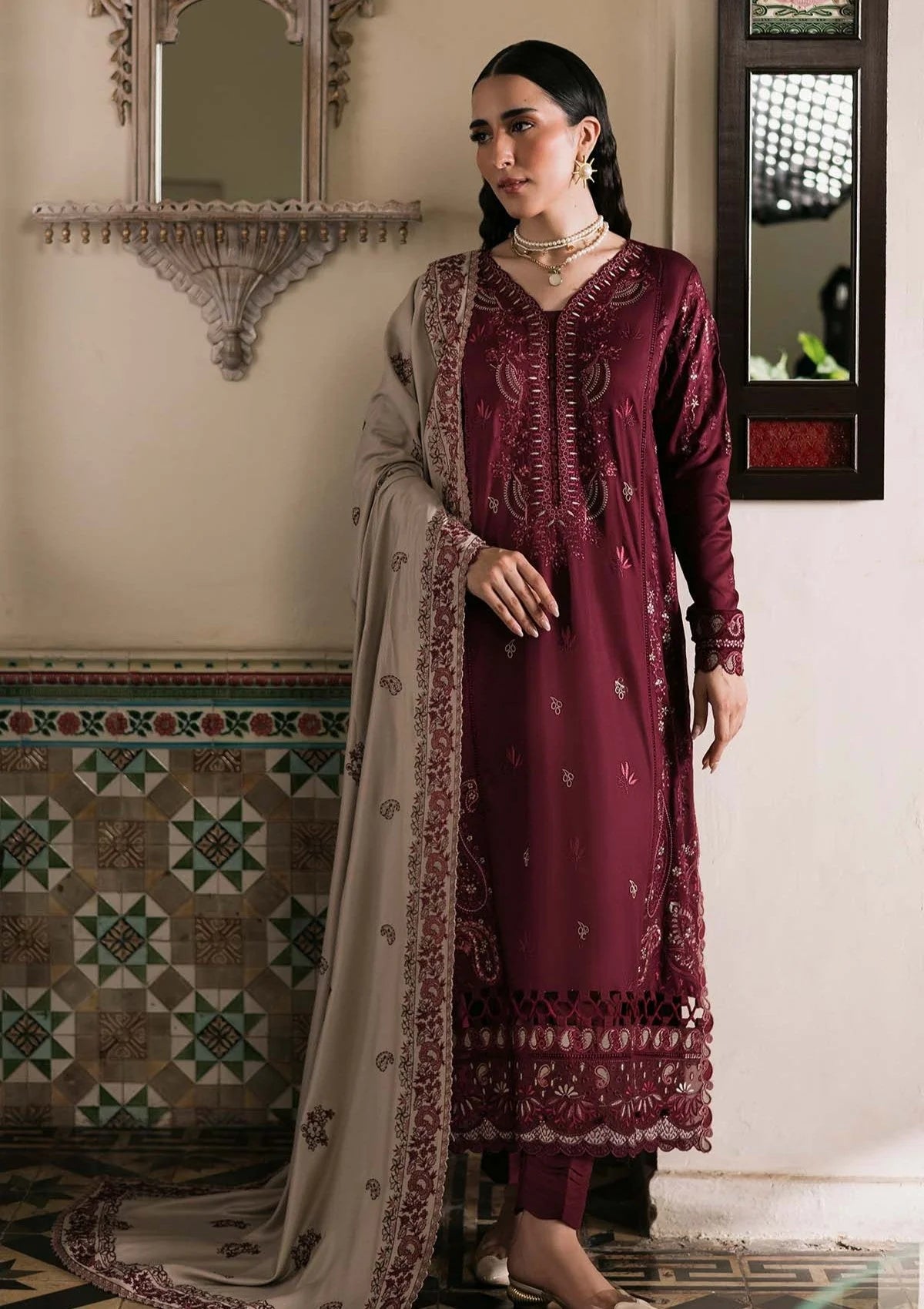 NR-2975 Unstitched Embroidered Dhanak Suit With Embroidered Dhanak Shawl