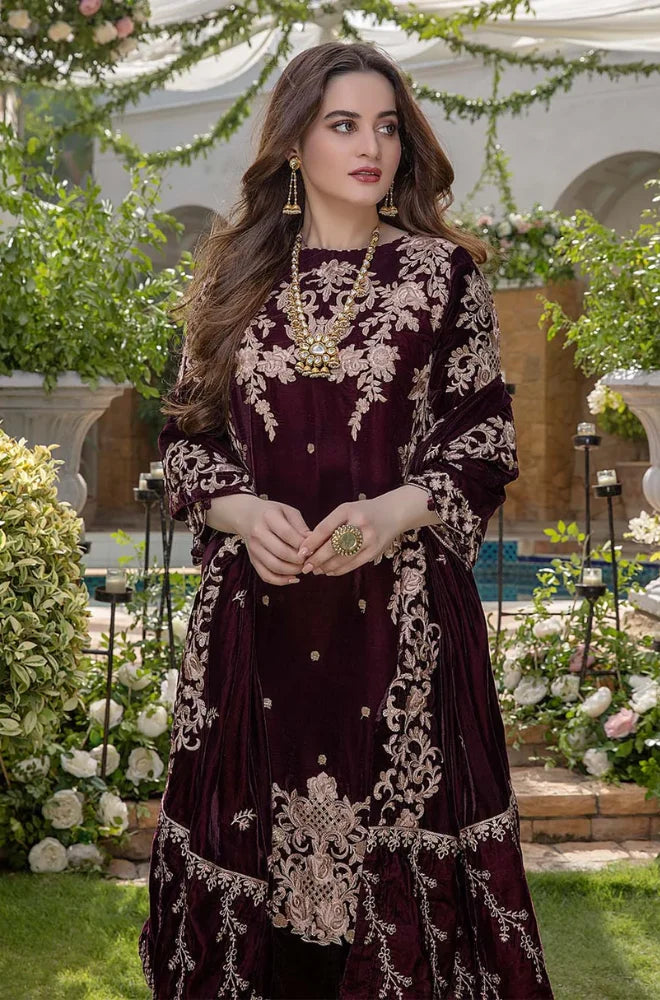 MB-1065 Sequence Embroidered Micro 9000 Gram Velvet 3Pc With Velvet Embroidered Shawl