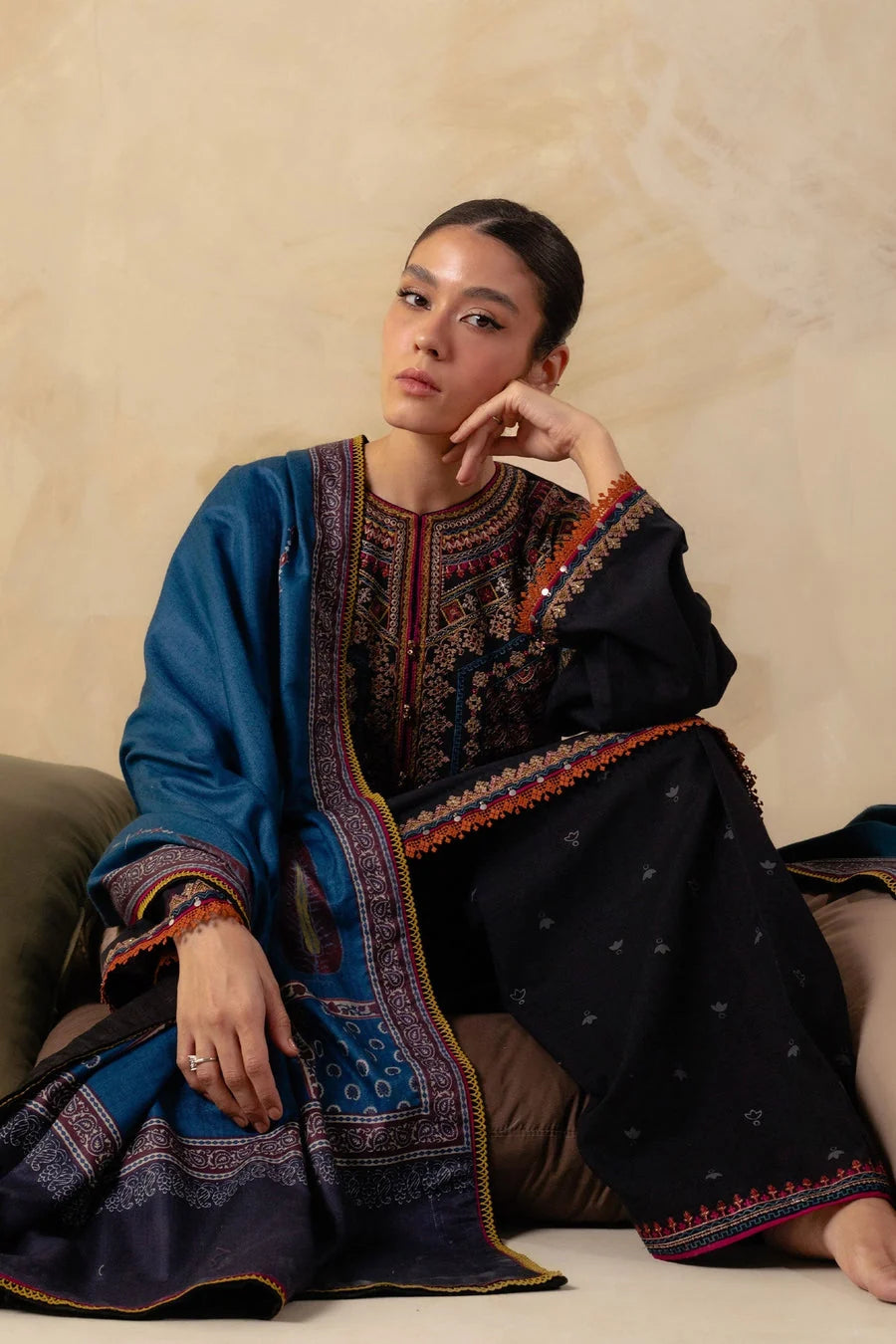 ZS-3150 Unstitched Fully Embroidered Suit With Printed Blended Shawl