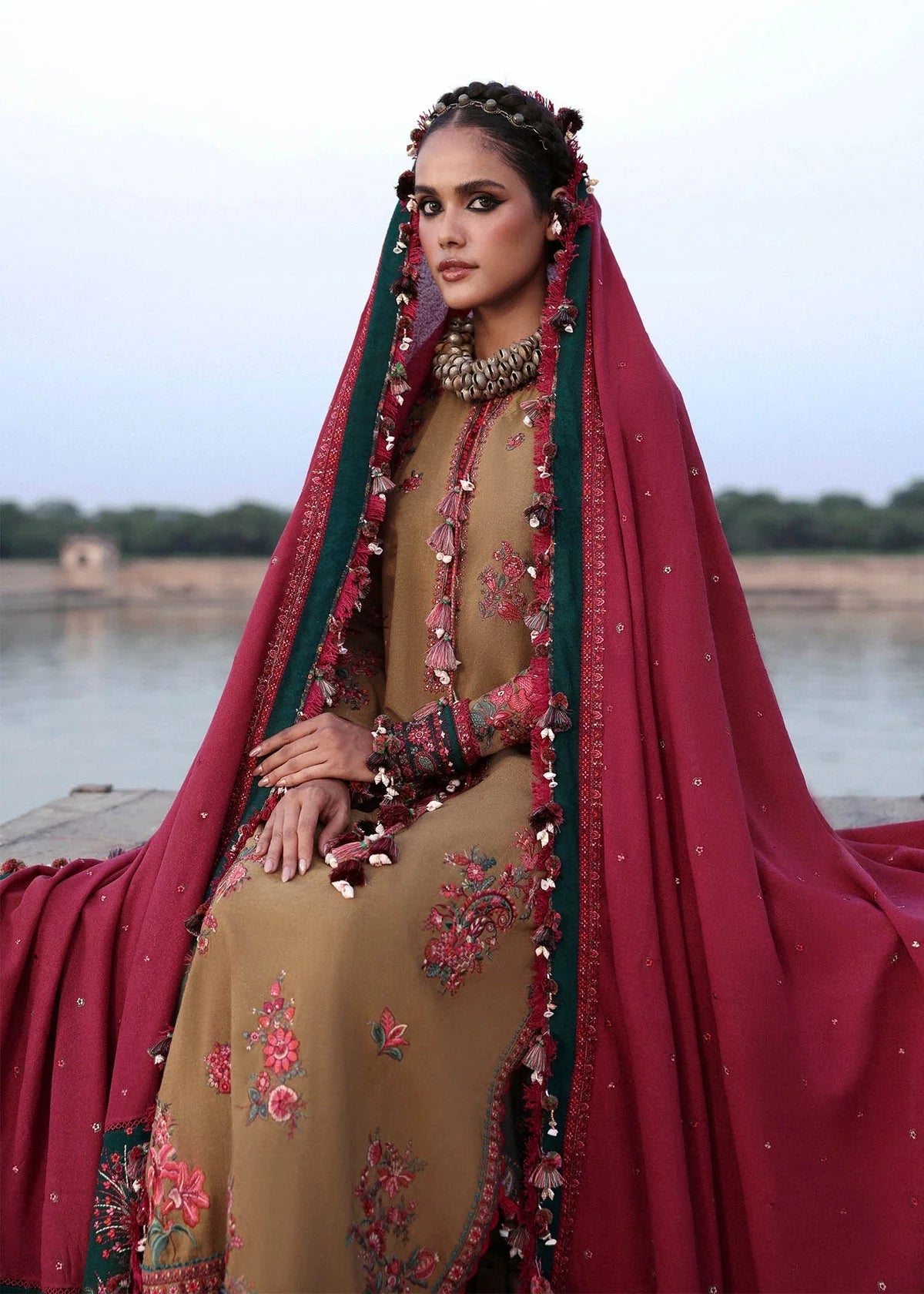 HR-2945 Unstitched Embroidered Dhanak Suit With Embroidered Dhanak Shawl