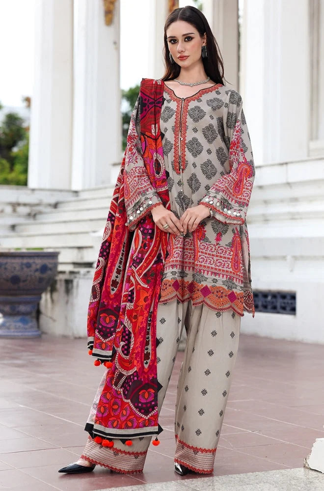 CH-75 Digital Printed Khaddar Suit 3pc with Khaddar Digital Printed Dupatta & Embroidered Patches