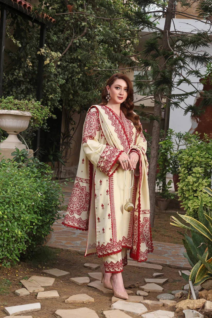 Unstitched Fully Embroidered Dhanak Suit With Embroidered Dhanak Shawl