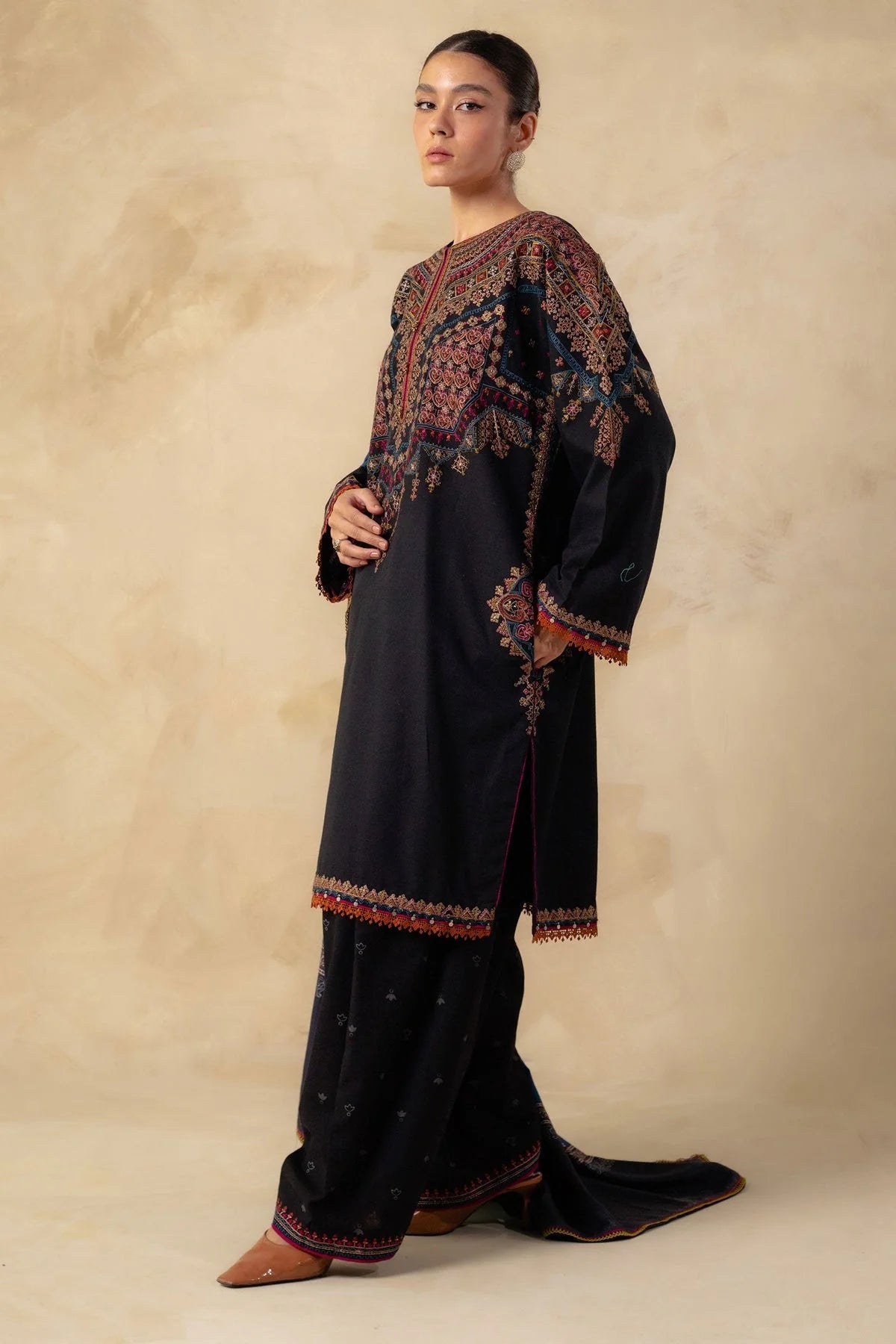 ZS-3150 Unstitched Fully Embroidered Suit With Printed Blended Shawl