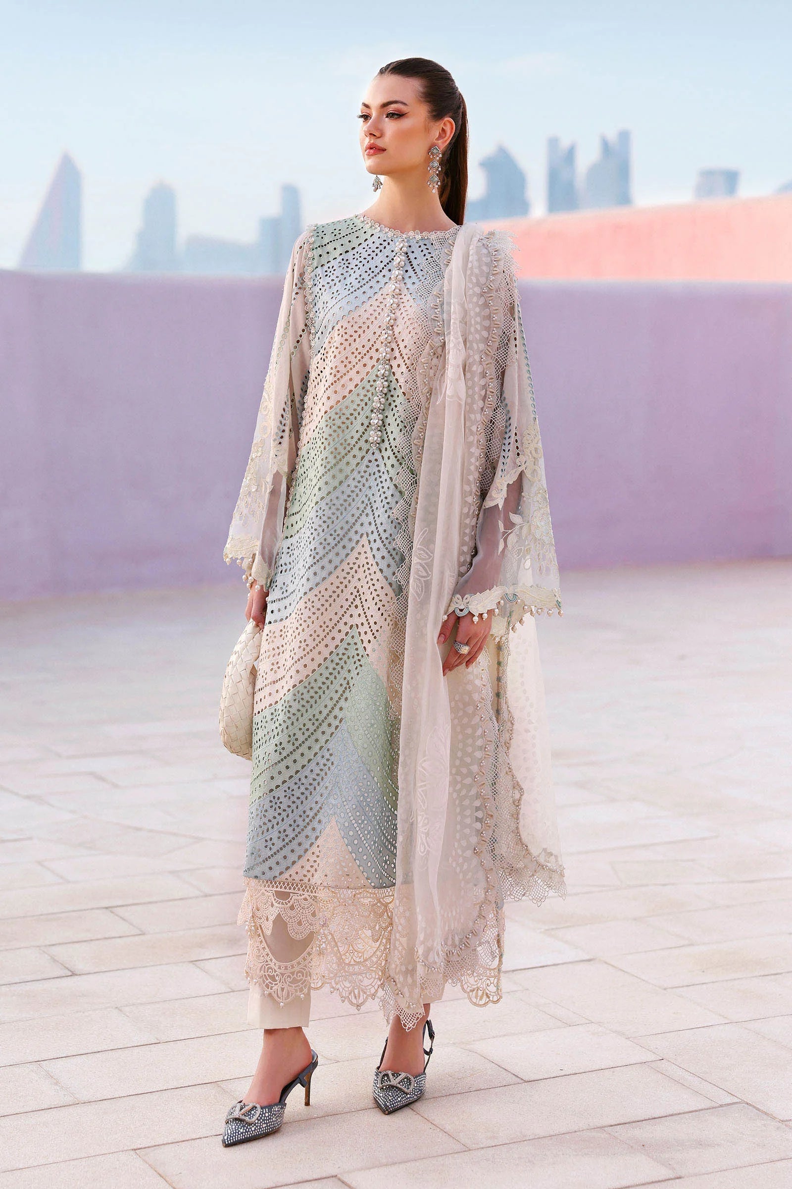 MB-2805B Lawn Unstitched Chicken Kari Embroidered Suit With Printed Organza Dupatta