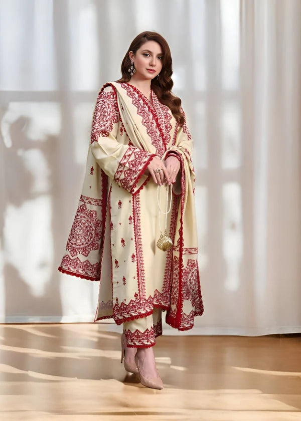 Unstitched Fully Embroidered Dhanak Suit With Embroidered Dhanak Shawl
