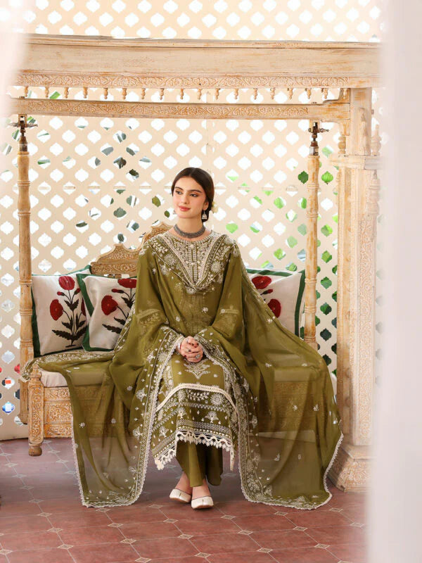 MR-590 Unstitched Heavy Embroidered Lawn Suit With Embroidered Chiffon Dupatta