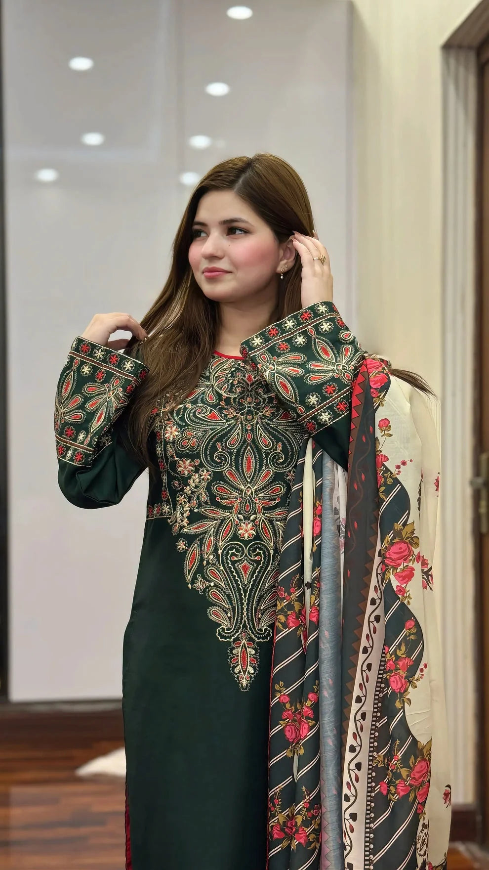 BQ-3075 Unstitched Fully Embroidered Dhanak Suit With Digital Printed Wool Shawl